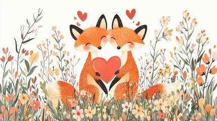 Two adorable foxes embrace each other in a colorful flower field, symbolizing love and affection. A heart connects them in this charming illustration.