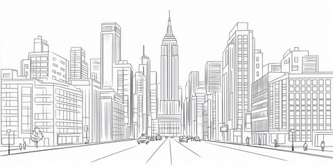 Naklejka premium Sketch of a city skyline featuring skyscrapers and a street