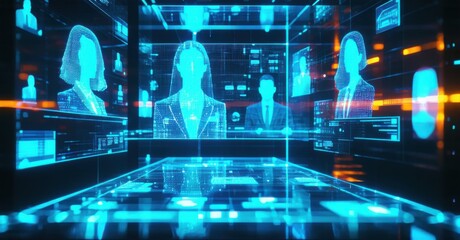 Futuristic high-tech office with professionals working on advanced computer systems, surrounded by holographic data displays, symbolizing cybersecurity, artificial intelligence, and digital innovation