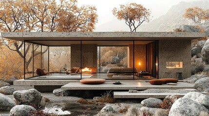 Naklejka premium Modern Minimalist House nestled in Autumnal Landscape