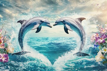 Fototapeta premium Two dolphins gracefully leap through vibrant waves, creating a heart shape. Surrounded by colorful flowers, this serene scene captures nature's beauty.