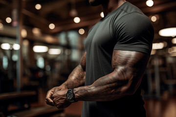 Robust and well-trained shoulders of athlete with bodybuilder structure