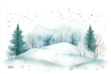Snow-covered mountains and trees create a serene winter landscape. Gentle falling snowflakes add a magical touch to this peaceful scene.