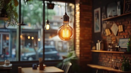 Vintage Edison bulb glowing in a cozy cafe, warm ambiance, industrial-style decor  