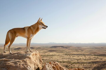 Naklejka premium dingo standing alert on a rocky outcrop, surveying the vast expanse of the Australian desert.