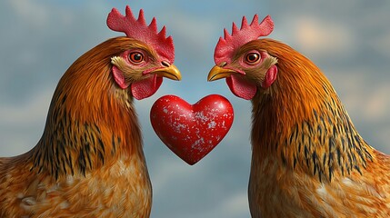 Fototapeta premium Two Chickens with Heart A Romantic Poultry Portrait.
