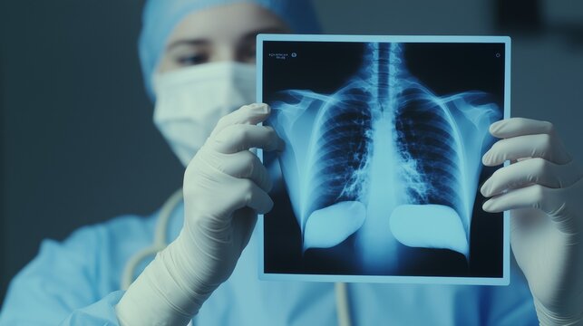 Medical professional examining x-ray scan of patient's chest while wearing surgical mask and gloves, showcasing importance of diagnostics in healthcare setting