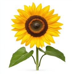 Obraz premium A vibrant sunflower with bright yellow petals and a dark center, standing tall with green leaves against a clean background.