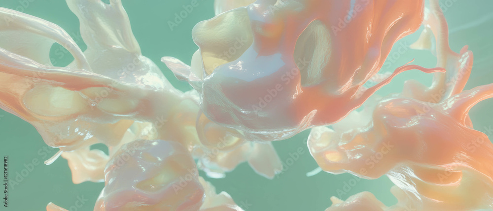 Poster Dreamlike abstract composition featuring surreal shapes and vibrant 3D objects in fluid motion