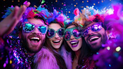 Fototapeta premium Vibrant Group Celebrating in Colorful Costumes and Glitter at a Nighttime Party. Mardi Gras concept