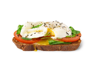 Tasty sandwich with egg on white background