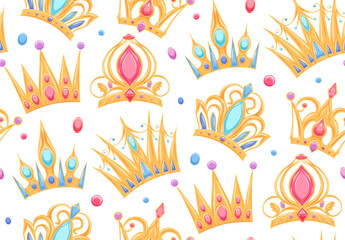 Vector seamless pattern with golden crowns and precious stones on white background. Texture with royal insignia. Wallpaper with tiaras for princesses and queens