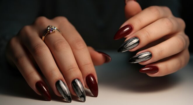 Elegant manicure featuring red and silver nails with a striking design