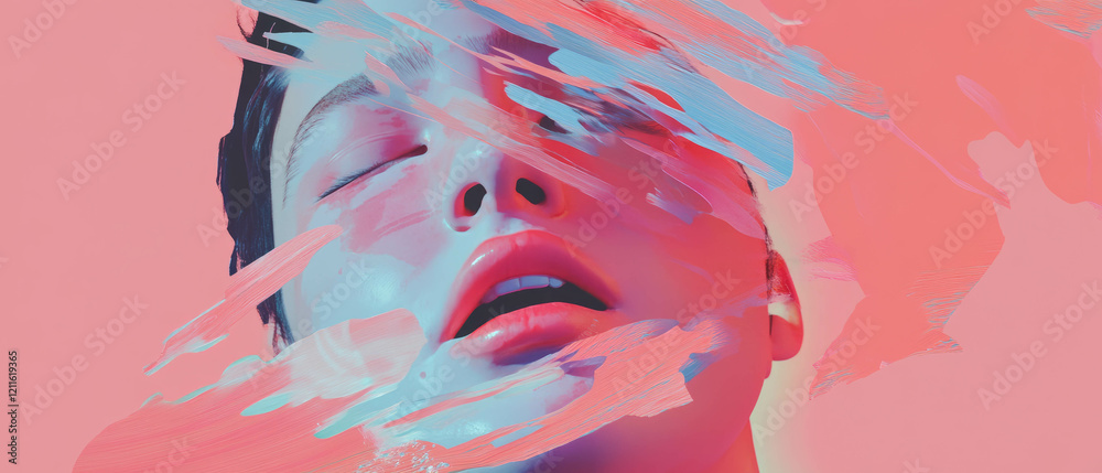 Poster emotional expression in abstract art showcasing fragmented faces and vibrant colors