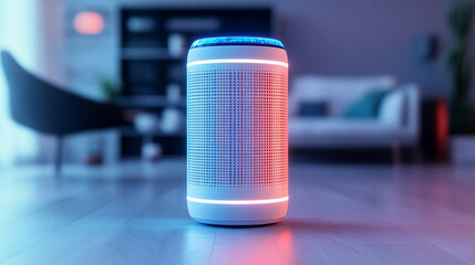 Portable speaker with vibrant lighting in a modern living space of PM 2.5 pollution.