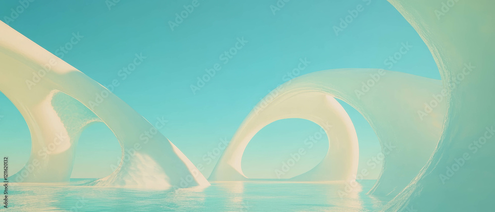 Poster Dynamic 3D arches create trails of light in an abstract landscape