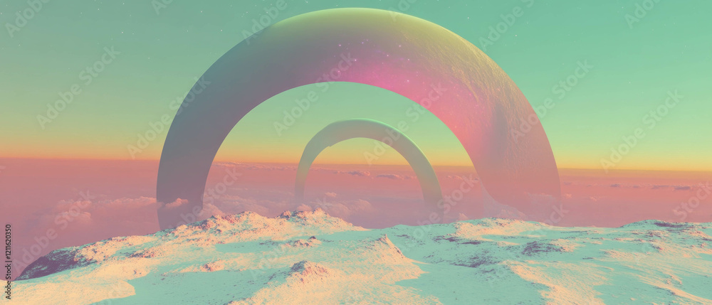 Aufkleber Cosmic landscape with 3D arches framing a distant planet in a vibrant abstract setting