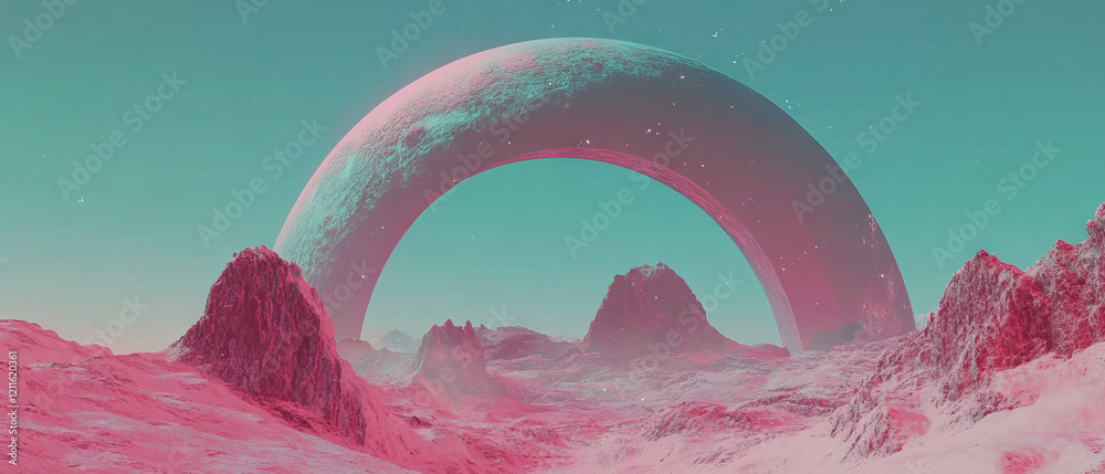 Poster exploring the vastness of the universe through 3d arches and cosmic landscapes