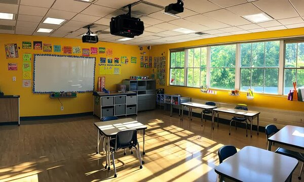 Bright and inviting classroom with yellow walls and large windows letting in natural light showcasing an organized educational space ready for creative learning activities