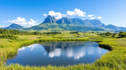 Mountain reflection in tranquil lake, sunny valley