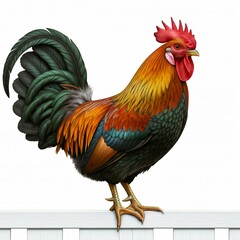 Fototapeta premium colorful rooster standing on a white wooden fence with a white background