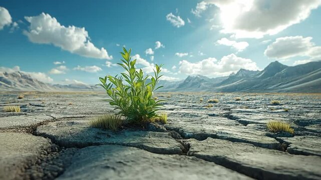 Resilience in Arid Landscape: A solitary plant bravely pushes through cracked earth, a symbol of hope and perseverance in a harsh, sun-drenched environment.