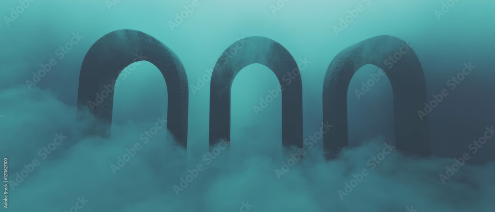 Poster swirling fog envelops 3d arches in an ethereal and mysterious atmosphere