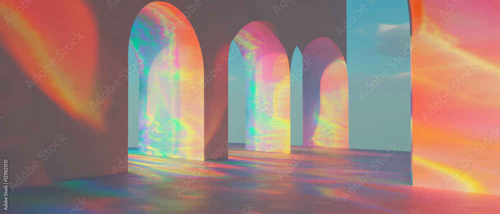 Poster dynamic 3d arches with vibrant abstract patterns in a modern art setting