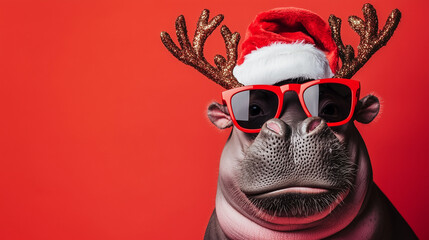 A stylish hippopotamus smile in a Santa hat and glossy red sunglasses, with a fake reindeer antlers, posing elegantly against a vivid red background. Christmas banner with copy space 