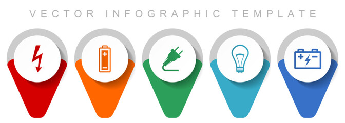 Power and energy pointer collection, miscellaneous icons such as bolt, battery, plug and light bulb, flat design vector infographic template in eps 10