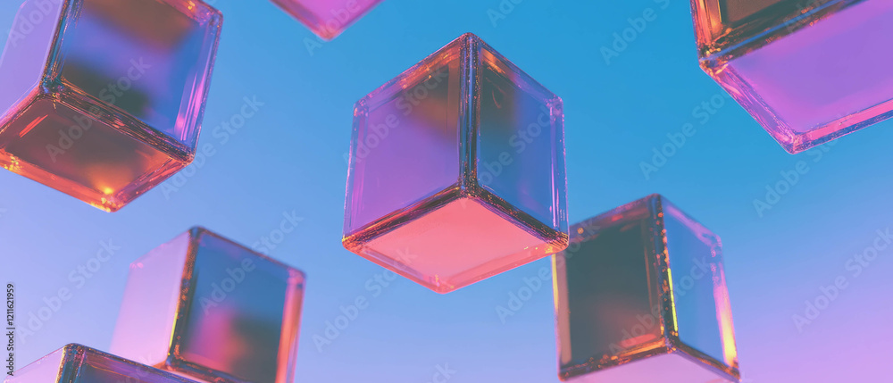 Fototapete Floating blockchain blocks create an abstract digital landscape with central empty space