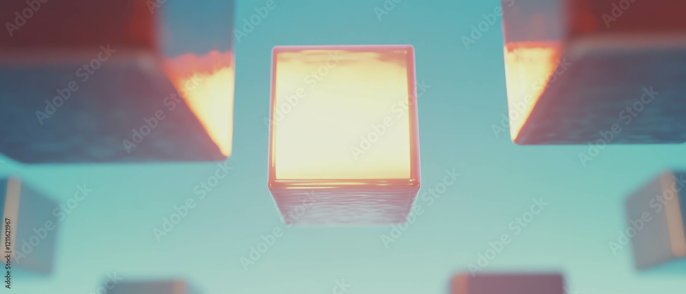 Poster Floating 3D blockchain blocks create an abstract digital environment with central focus