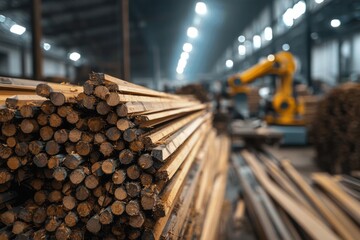 A robotic system cutting wooden panels for modular homes. The factory has automated machines and stacks