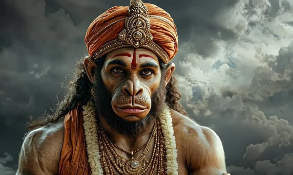 Powerful Hanuman portrait, dramatic clouds, Hindu deity, religious art, spiritual faith