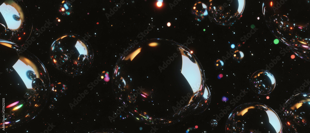 Poster shimmering chrome spheres amid sparkling particles in a dark futuristic backdrop