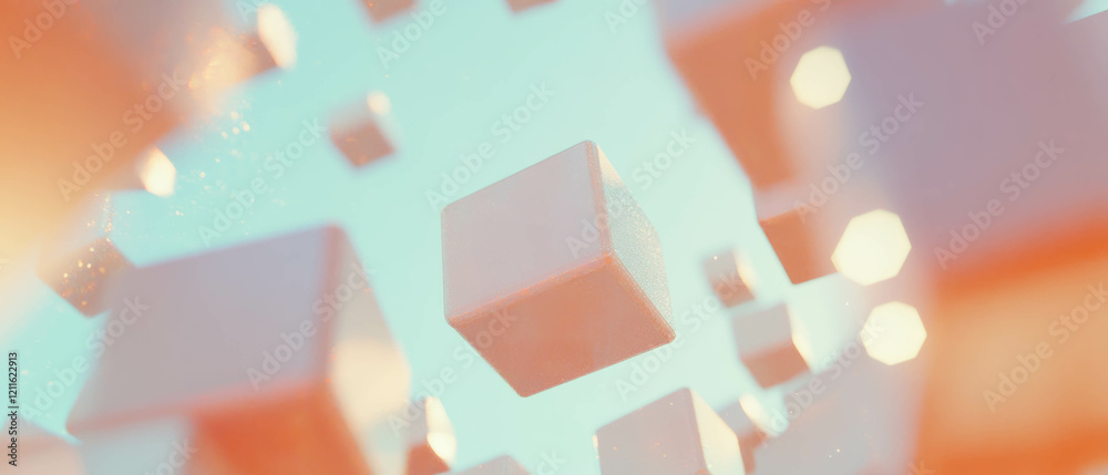 Poster Dynamic abstract composition of 3D cubes with floating particles and open space