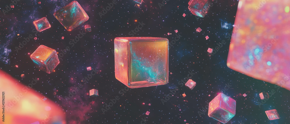 Poster floating cubes create an abstract cosmic landscape of colors and endless space