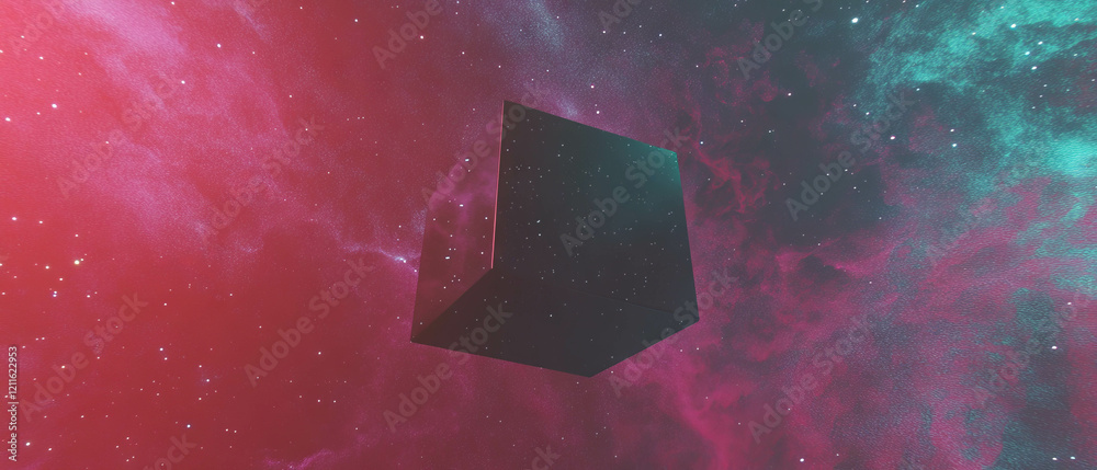 Poster floating cubes in a cosmic landscape filled with starry glitter and vastness of space