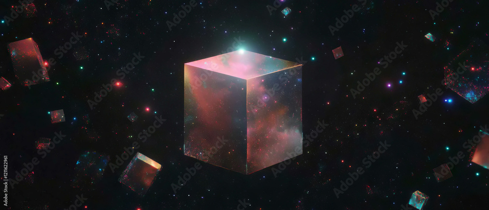 Poster floating cubes in a cosmic landscape filled with glittering stars and vastness of space