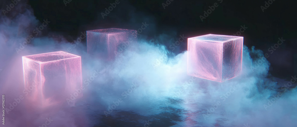 Poster Swirling smoke and glitter clouds create an ethereal backdrop of floating cubes