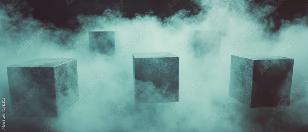 Poster swirling glitter clouds and smoke cubes create an ethereal abstract background