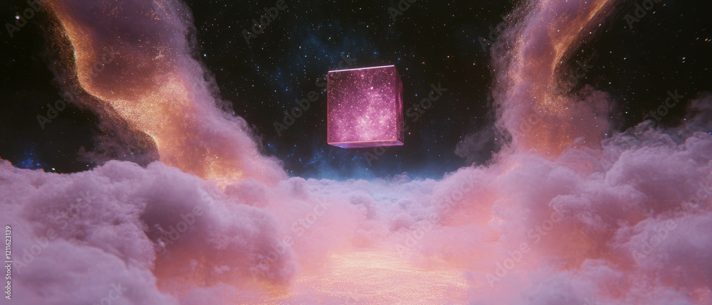 Poster Abstract 3D cubes of smoke and glitter clouds create an ethereal atmosphere in dark space
