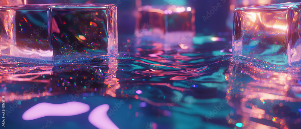 Poster Surreal reflections of 3D cubes in glittery liquid with an empty center space