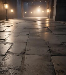 Close-up shot of a rough-hewn concrete floor with visible texture and cracks, contrasted by the soft glow of lanterns set against a dense mist, textured surface, intimate setting