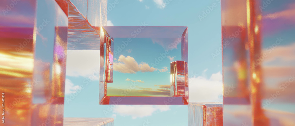 Aufkleber Unique reflections of nature in 3D cubes with tranquil glitter and empty central space