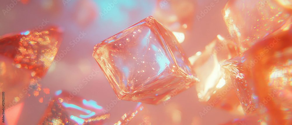 Poster Dynamic transformation of glittering 3D cubes creating abstract visual patterns
