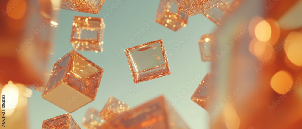 Aufkleber Dynamic transformation of glittery cubes in abstract space with empty center