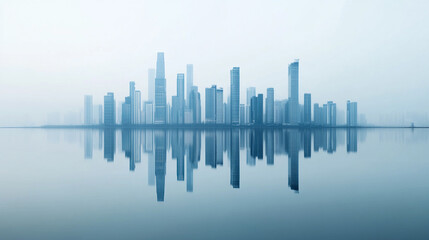 Fototapeta premium Serene city skyline reflected in calm waters with a misty atmosphere of PM 2.5 pollution.