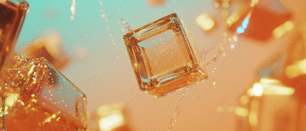 Poster Dynamic abstract background with moving 3D cubes and glitter trails visually creating energy