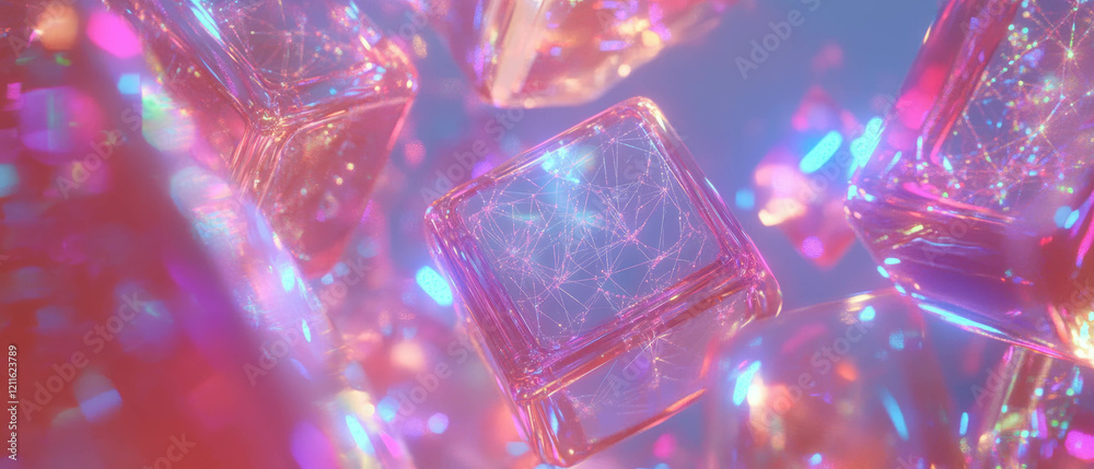 Poster Intricate abstract design of 3D cubes interconnected by glowing lines and networks